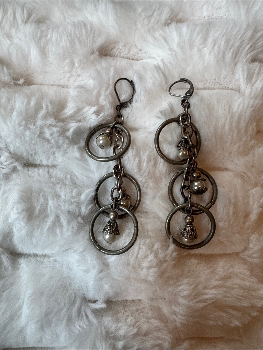 Vintage Gunmetal Hoop & Pearl Drop Earrings - Women Jewelry
